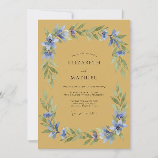 Ockerblaue florale Hochzeit Einladung (Vorderseite)