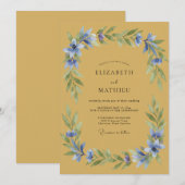 Ockerblaue florale Hochzeit Einladung (Vorne/Hinten)