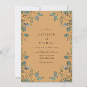 Ockerblaue Hochzeit mit Blatt-Motiv Einladung