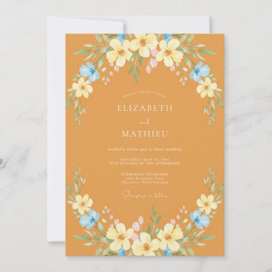 Ockerfarbene botanische Hochzeit mit Blumen Einladung (Vorderseite)