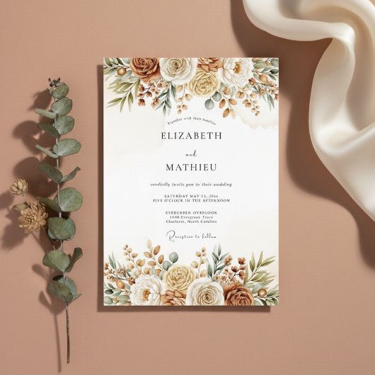 Ockerfarbene erdige Blumenhochzeit Einladung
