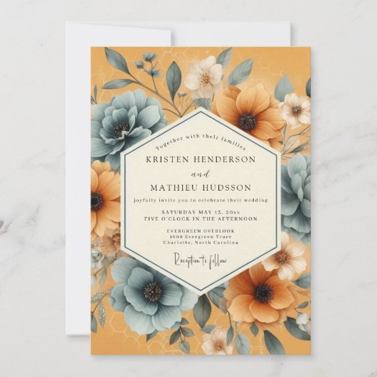 Ockerfarbene florale Launen Hochzeit Einladung (Vorderseite)