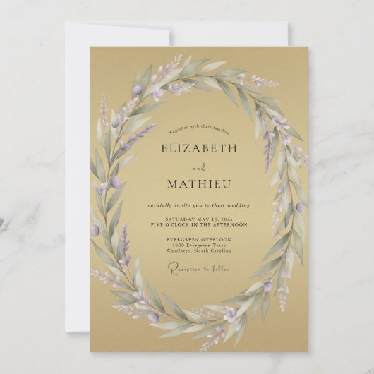 Ockerfarbene Helllila-Kranz-Hochzeit Einladung (Vorderseite)