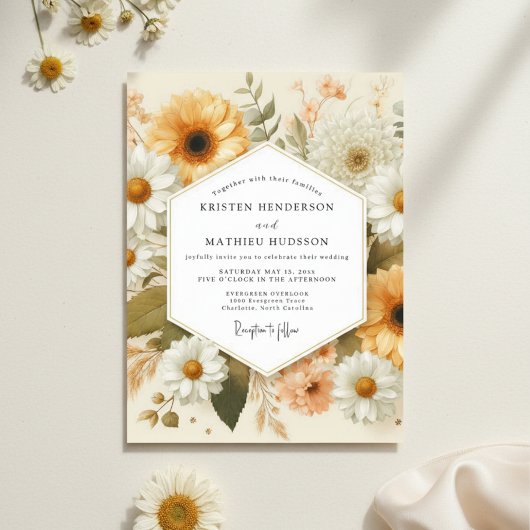 Ockerfarbene rustikale Hochzeit mit Blumen Einladung