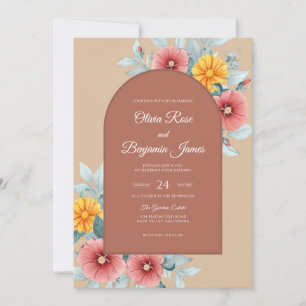 Ockerfarbene Vintage-Malven-Wildblumen-Hochzeit Einladung