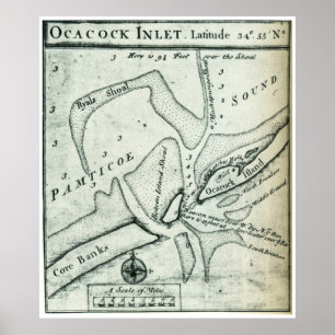 Ocracoke Inlet Map - Blackeards Anchoring (1733) Poster