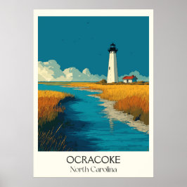 Ocracoke NC Vintag Lighthouse Island Art Poster