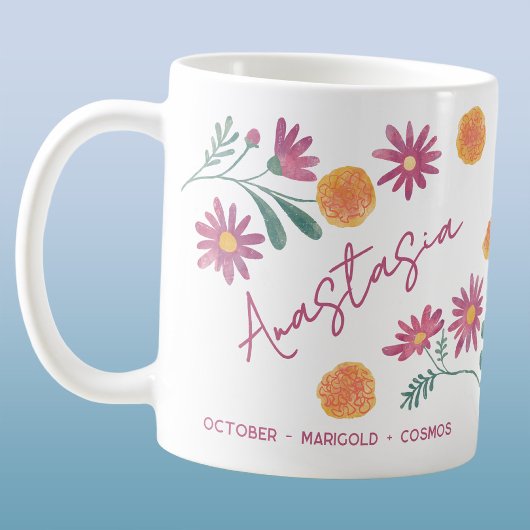 October Birth Flower Custom Name Marigold Cosmos Kaffeetasse