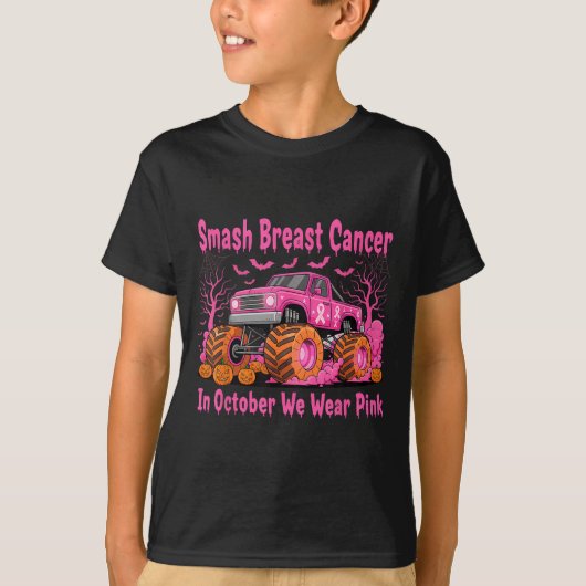 October We Wear Nk Monster Truck Halloween Breast T-Shirt (Vorderseite)