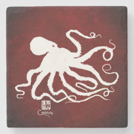 Octopus 6 White on Red - Marmor Untersetzer