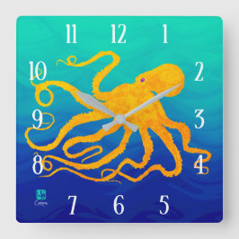 Octopus 6 Yellow On Blue Green - Square Wall Clock Quadratische Wanduhr