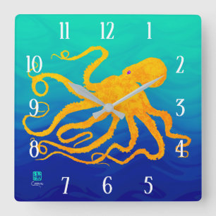 Octopus 6 Yellow On Blue Green - Square Wall Clock Quadratische Wanduhr