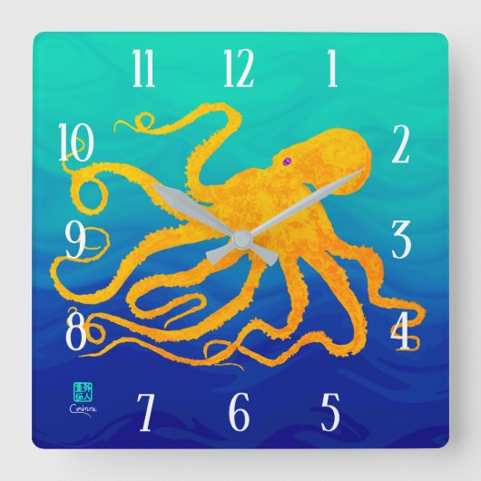 Octopus 6 Yellow On Blue Green - Square Wall Clock Quadratische Wanduhr (Vorderseite)