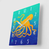 Octopus 6 Yellow On Blue Green - Square Wall Clock Quadratische Wanduhr (Winkel)