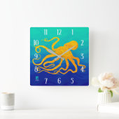 Octopus 6 Yellow On Blue Green - Square Wall Clock Quadratische Wanduhr (Zuhause)