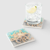 Octopus Alge Aquamarine Wasserfarbe Kunst, Dichtun Steinuntersetzer (Seitenansicht)