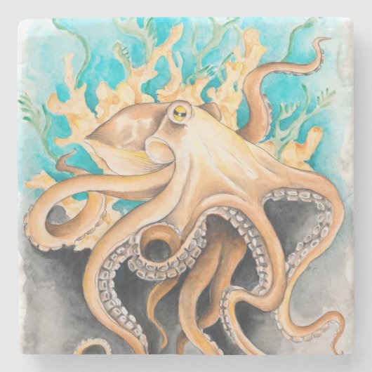 Octopus Alge Aquamarine Wasserfarbe Kunst, Dichtun Steinuntersetzer (Vorderseite)