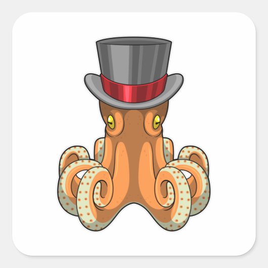Octopus als Gentleman mit Top-Hut Quadratischer Aufkleber (Vorderseite)