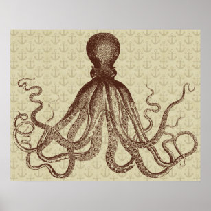 Octopus Anchors Lord Bodner Vintag Brown Nautic Poster