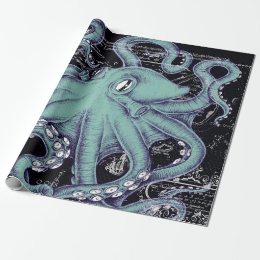 Octopus Aquamarine Vintage Karte Geschenkpapier (Ungerollt)