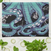 Octopus Aquamarine Vintage Karte Geschirrtuch (Gefaltet)