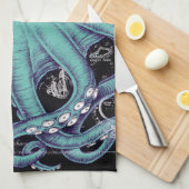 Octopus Aquamarine Vintage Karte Geschirrtuch (Viertel Falte)