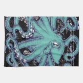 Octopus Aquamarine Vintage Karte Geschirrtuch (Horizontal)