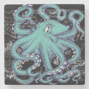 Octopus Aquamarine Vintage Karte Steinuntersetzer