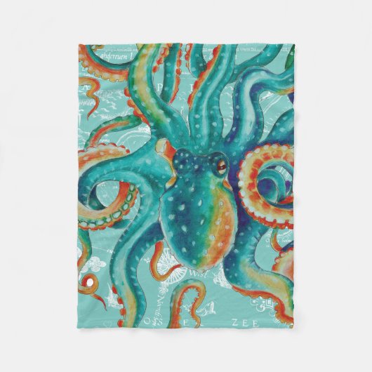 Octopus Aquamarine Vintage Karte Wasserfarbe Fleecedecke (Vorderseite)