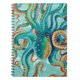 Octopus Aquamarine Vintage Karte Wasserfarbe Notizblock
