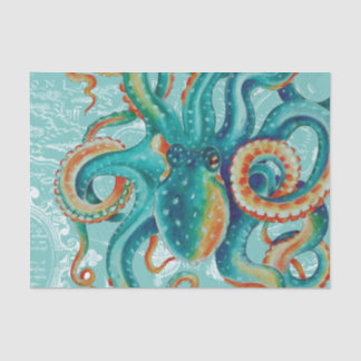 Octopus Aquamarine Vintage Karte Wasserfarbe Seidenpapier