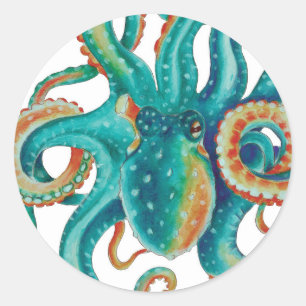 Octopus Aquamarine Wasserfarbe Tentakeln Wasserfar Runder Aufkleber