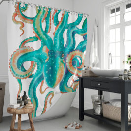 Octopus Aquamarine Wasserfarben Art Duschvorhang