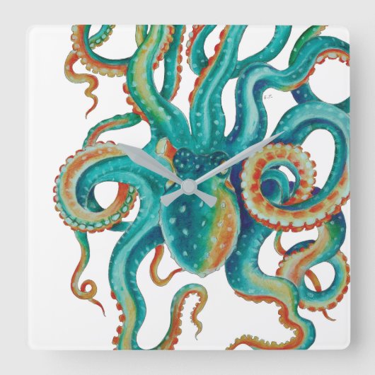Octopus Aquamarine Wasserfarben Art Quadratische Wanduhr (Vorderseite)
