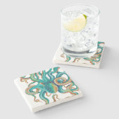 Octopus Aquamarine Wasserfarben Art Steinuntersetzer (Seitenansicht)