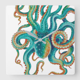 Octopus Aquamarine Wasserfarben Quadratische Wanduhr