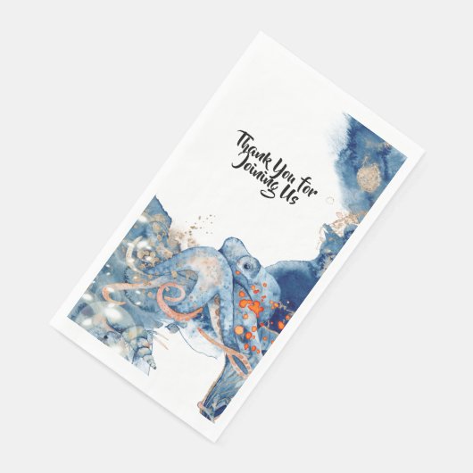 Octopus Aquarell Meeressäuger blau orange chisch Serviette (Ecke)