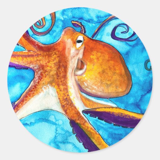 Octopus Aquarell unter Meereskunst Runder Aufkleber (Vorderseite)