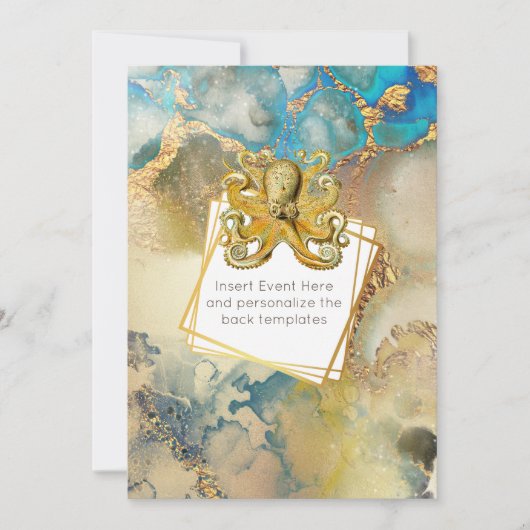 Octopus Aquarellgold Blau-Braune Nautik Einladung (Vorderseite)