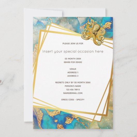 Octopus Aquarellgold Blau-Braune Nautik Einladung (Rückseite)
