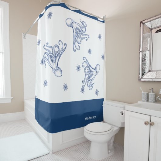 Octopus Badezimmer Blau und Weiß Duschvorhang (Beispiel)