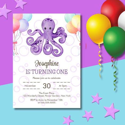 Octopus Ballon Lila Blase Kindergeburtstag Einladung