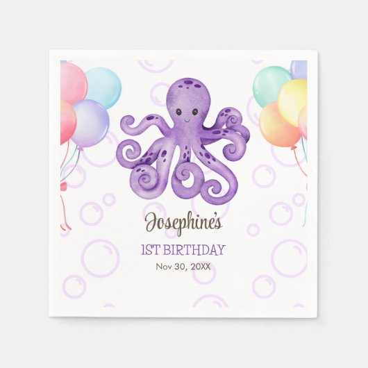 Octopus Ballon Lila Blase Kindergeburtstag Serviette (Vorderseite)