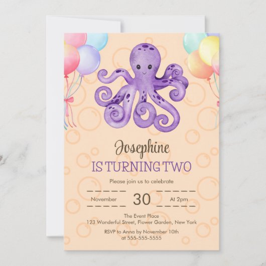 Octopus Balloon Peach Bubble Kindergeburtstag Einladung (Vorderseite)