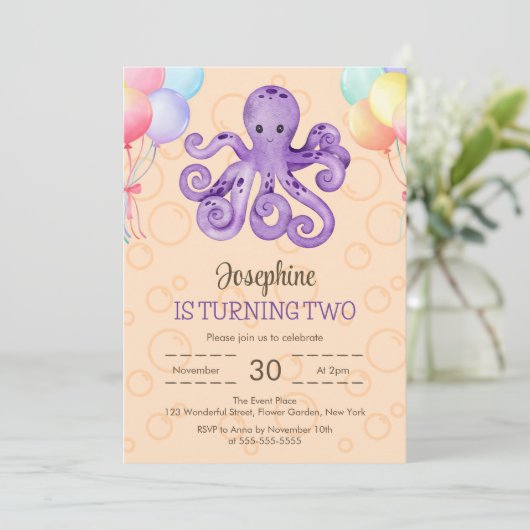 Octopus Balloon Peach Bubble Kindergeburtstag Einladung (Stehend Vorderseite)