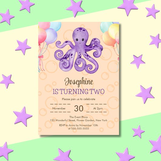 Octopus Balloon Peach Bubble Kindergeburtstag Einladung