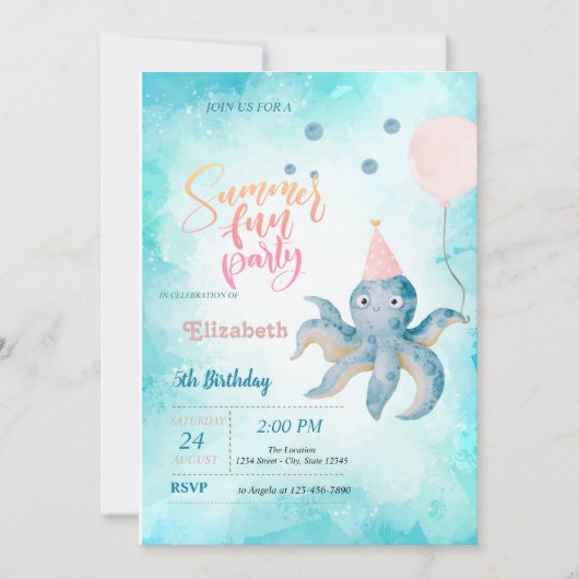 Octopus Balloon Sea Summer Birthday Party Einladung (Vorderseite)