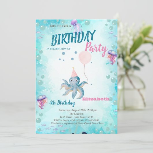 Octopus Balloon Sea Summer Birthday Party Einladung (Stehend Vorderseite)