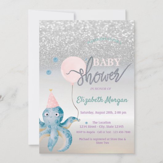 Octopus Balloon Silver Bokeh Baby Dusche Einladung (Vorderseite)