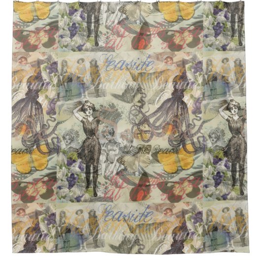 Octopus Beach Antique Coastal Steampunk Duschvorhang (Vorderseite)